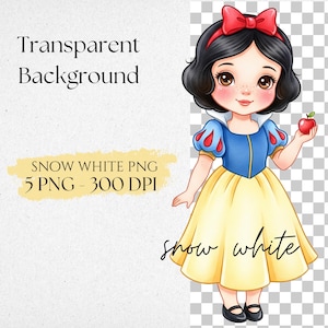 May include: A digital illustration of Snow White, featuring a blue and yellow dress, a red bow, and an apple. The image includes the text "Transparent Background" and "Snow White PNG".