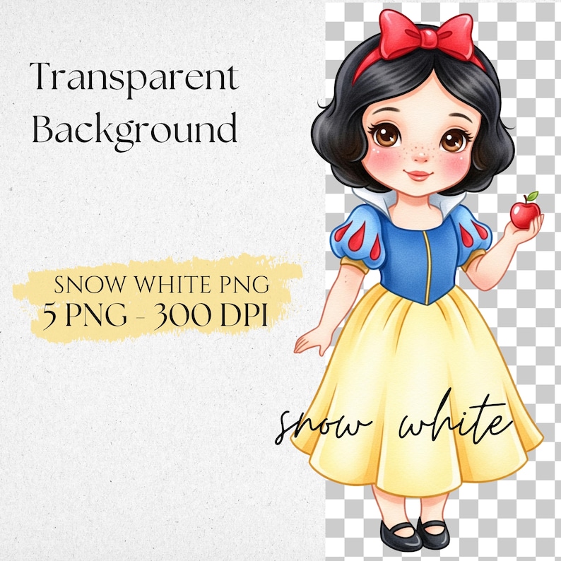 May include: A digital illustration of Snow White, featuring a blue and yellow dress, a red bow, and an apple. The image includes the text "Transparent Background" and "Snow White PNG".