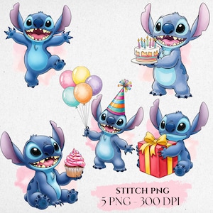 Cute Stitch Birthday Clipart, Stitch Clipart PNG, Cute Stitch PNG, Handdrawn Stitch, Baby Stitch PNG, Nursery Art, Stitch Watercolor Clipart