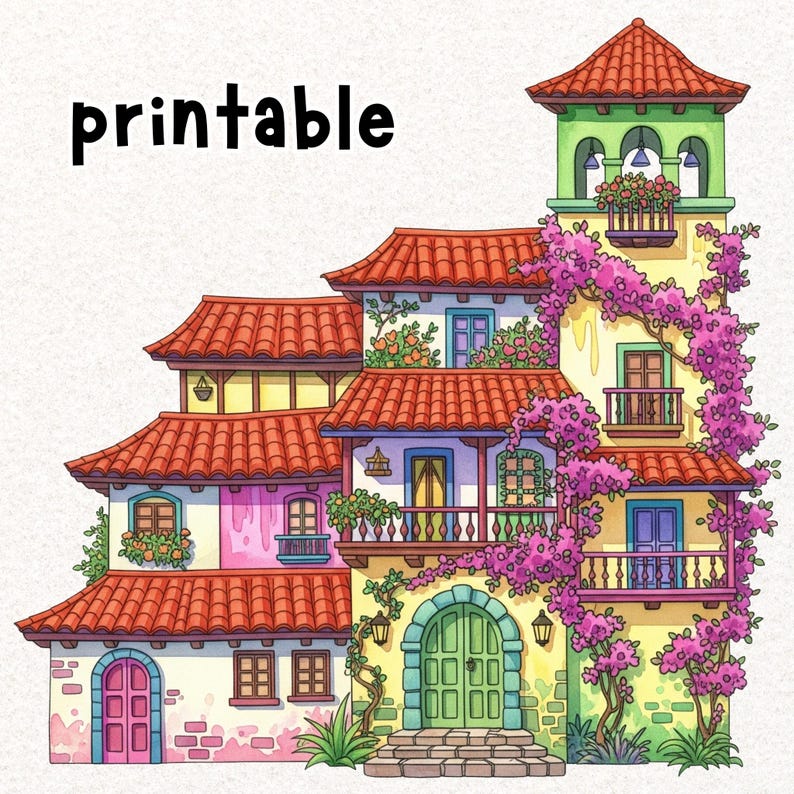 May include: Colorful illustration of a multi-level building with red tile roofs, balconies, and vibrant pink flowers. The building has a green arched doorway and the word "printable" in black text.