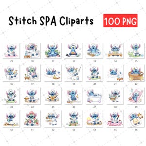 May include: A collection of 28 watercolor clip art images featuring Stitch in various spa-themed settings. Each image shows Stitch with a towel on its head, enjoying spa treatments. The text "Stitch SPA Cliparts 100 PNG" is at the top.