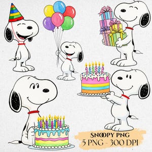 Snoopy Birthday Watercolor Clipart, Peanuts Cartoon Dog Birthday, Snoopy Birthday, Peanuts PNG, Snoopy Dog Ballon PNG, Snoopy Cake Topper