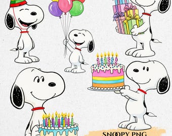 Clipart acquerello di compleanno di Snoopy, compleanno del cane dei cartoni animati Peanuts, compleanno di Snoopy, Peanuts PNG, palloncino cane Snoopy PNG, decorazione per torta Snoopy