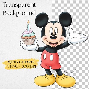 May include: A cartoon illustration of Mickey Mouse holding a cupcake with a lit candle. Mickey Mouse is wearing red shorts, yellow shoes, and white gloves. The image includes the text "Transparent Background" and "Micky Cliparts 5 PNG - 300 DPI."