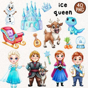 Può includere: Una collezione di 40 elementi di clip art digitali PNG con personaggi e oggetti del film d'animazione "Ice Queen". Include un castello, personaggi, una slitta, una chitarra e una palla di neve.