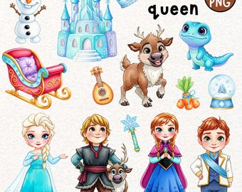 May include: A collection of 40 PNG digital clip art elements featuring characters and objects from the animated film "Ice Queen." Includes a castle, characters, a sleigh, a guitar, and a snow globe.