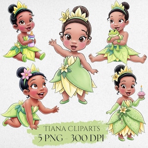 Baby Tiana Clipart PNG, Prinzessin Tiana, grünes Kleid Krone niedliches Mädchen, druckbare Prinzessin, handgezeichnet, Märchenparty-Kinderzimmer, Tiana Clipart