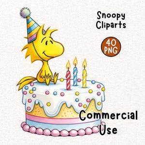 May include: A cartoon illustration of Woodstock wearing a party hat, sitting on a birthday cake with three lit candles. The cake is decorated with colorful sprinkles and frosting. Text on the image reads "Snoopy Cliparts", "40 PNG", and "Commercial Use".