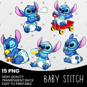 May include: A collection of five cartoon illustrations of Baby Stitch in various poses. Stitch is blue with large ears and wearing a diaper. One image shows Stitch blowing bubbles, another in a red wagon, and others with a pacifier, bottle, and a toy duck.