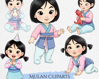 Cute Baby Princess Mulan Watercolor Clipart, Cute Mulan Clipart, Fairy Tale Princess, Cute Princess PNG, Nursery Clipart, Mulan Dragon PNG