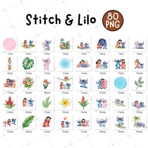 May include: A collection of 40 PNG images featuring Stitch and Lilo characters in various poses and settings. The images include Stitch, Lilo, and tropical elements, with the text "Stitch & Lilo" and "80 PNG" at the top.