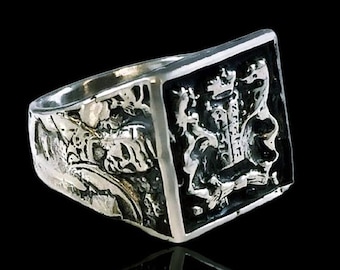 Vintage 1940 Poland Lions Facing the Ten Commandments Ring Silver 925