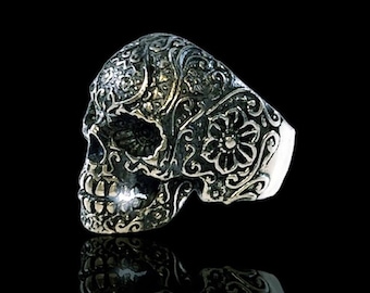 harley skull  pack FLOWER FINGER punk  sterling silver  biker OUTLAW ring in all size that you want