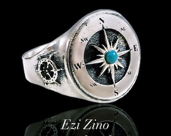 Natural Turquoise compass signet ring Solid Silver Sterling 925 by EZI ZINO