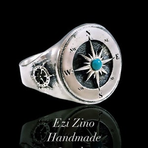 Natural Turquoise compass signet ring Solid Silver Sterling 925 by EZI ZINO