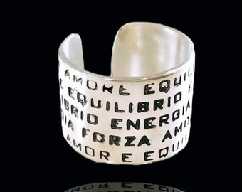Energie, Ausgeglichenheit, Stärke, Liebe Italienisch Wörter, Portugiese, Spanisch Breitbandring massiv Sterling Silber 925