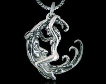 Sterling Silver 925 3d Moon Rider Pendant Charm Lady Woman Riding Moon