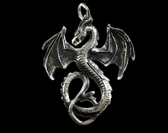 Große massive Sterling Silber 925 Detaillierte Drachen Anhänger Halskette
