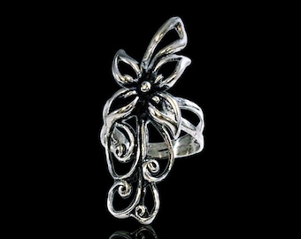 Sexy Elegant Sterling Silver Long Detailed Flower Ring