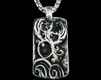 Phoenix bird mythology dog tag pendant Solid Sterling Silver 925 By EZI Zino