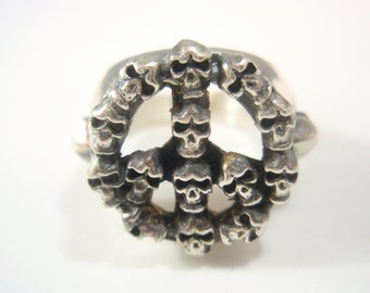 925 Sterling Silver Skull Peace Symbol Sign Ring