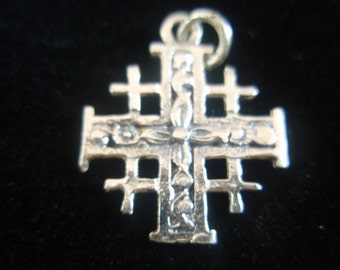 Sterling Silver Solid 925 Pendant Jerusalem Cross Decorated with Flowers