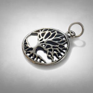 May include: A silver charm in the shape of a tree of life. The charm is round and has a detailed design of a tree with branches and leaves.