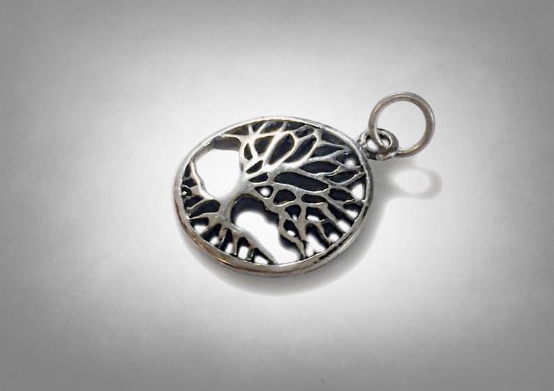 May include: A silver charm in the shape of a tree of life. The charm is round and has a detailed design of a tree with branches and leaves.