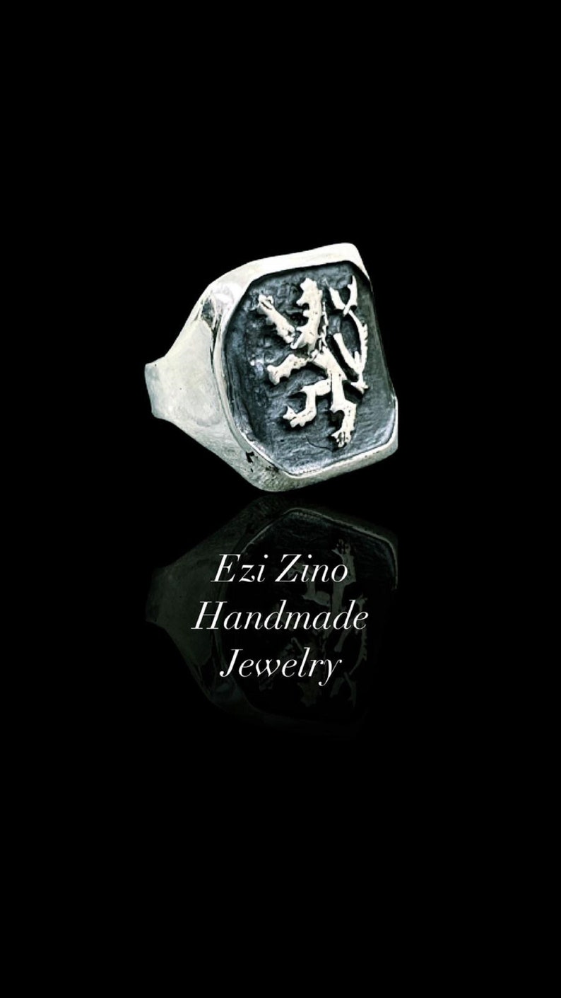 EZI ZINO Hand Made Art Monarchy Lion Signet Ring Solid Silver Sterling Ring image 1