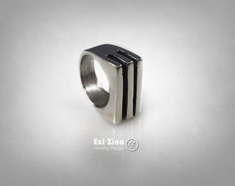 Ezi Zino Designers Hand Made Art Modern Straight Lines Solid Silver Sterling Ring