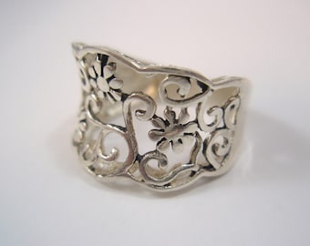 Massiver Sterling Silber Ring 925 Stoff Spitze Blumen Ring
