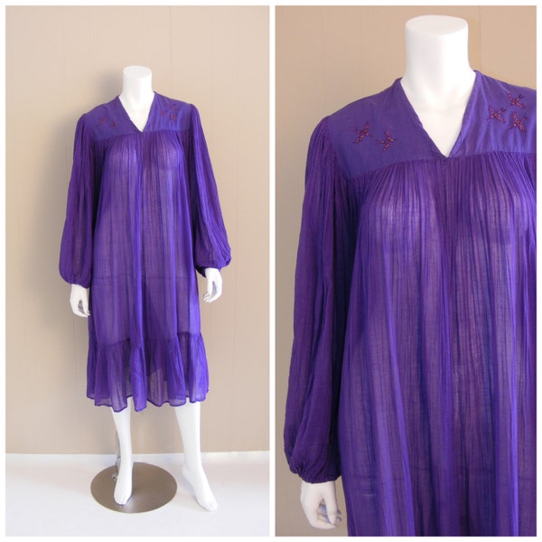 Vintage India Pleated Gauze Dress 1970s. Purple sheer cotton with hand embroidered gold birds.