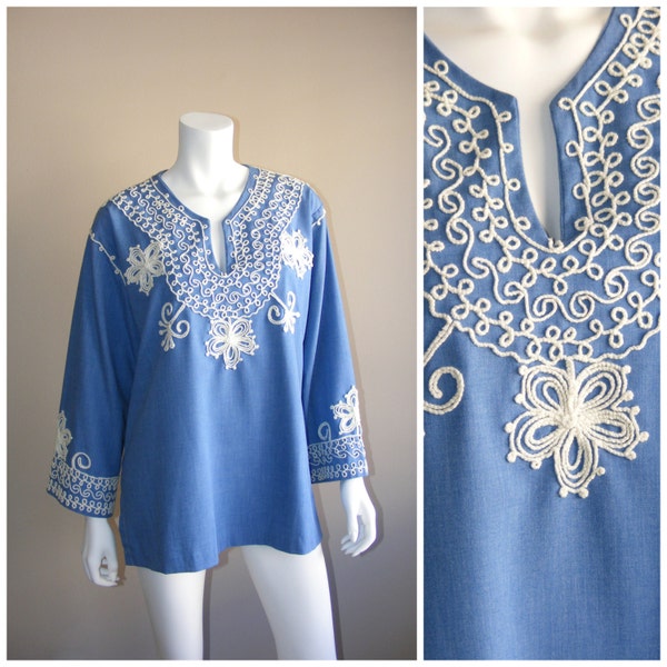 Vintage Mexican embroidered rope work dashiki tunic top by PEPE London, Paris. Chambray denim blue cotton 1960s.