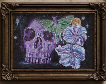 Natura morta stravagante, stampa artistica - Dark academia, teschio, fiori, falena - Stampa artistica su carta di alta qualità - da dipinto originale