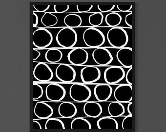 Zwart-witte minimalistische muurkunst, moderne abstracte cirkelsprint, geometrisch lijnkunstwerk voor hedendaags interieur