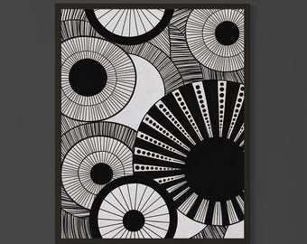 Geometrische cirkelprint: zwart-witte minimalistische muurkunst (digitale download