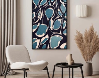 May include: Abstract art print in a black frame. The artwork features a dark blue background with light blue and white organic shapes. The painting is displayed in a room with a chair, side table, and decorative vase.