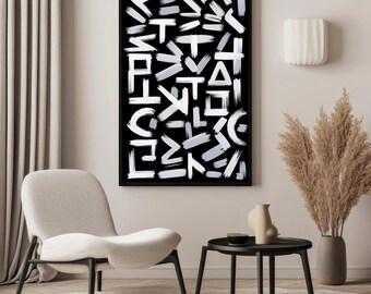 Schwarz-Weiß-Pinselstrichkunst | Ausdrucksstarke abstrakte geometrische Wanddekoration | Digitaler Download