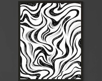 Black and White Abstract Line Art – Modern Minimalist Wall Print with Fluid Wave Patterns for Contemporary Home or Office Decor