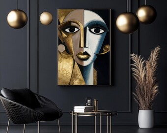 May include: Abstract art print of a woman's face, split vertically with gold and white tones. The artwork features bold lines, large eyes, and gold lips. The painting hangs on a dark wall, complemented by gold accents and a black chair.