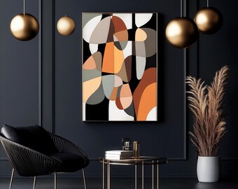 Lámina decorativa abstracta de estilo moderno de mediados de siglo: formas geométricas en tonos tierra cálidos, póster de decoración minimalista de estilo retro para el hogar.