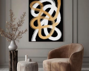 Black Gold Abstract Wall Art | White Brushstroke Minimalist Canvas Print | Digital Download