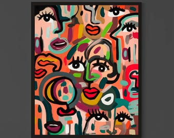 Colorful Abstract Faces Wall Art – Modern Expressionist Portrait Print with Bold Lines and Vibrant Colors for Contemporary Home Decor