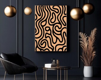 May include: Abstract art print featuring a black line design on a peach background. The artwork is framed and displayed on a dark wall. The room is decorated with gold accents, a black chair, and a small table.