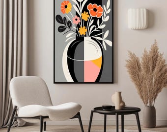 May include: Abstract floral art print in a black frame. The artwork features a vase with colorful flowers in shades of orange, yellow, and pink. The vase is set against a gray and black background. The room also includes a chair, table, and decorative vase.