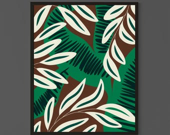 Abstract Botanical Pattern with Tropical Leaves in Green and Brown Tones, Modern Mid-Century Print