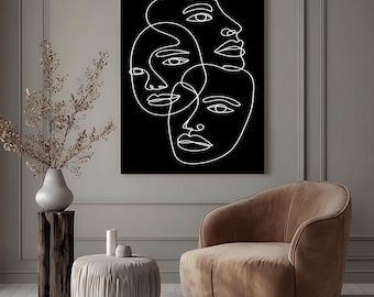 Abstrakte Liniengesicht-Wandkunst, minimalistischer moderner Schwarz-Weiß-Porträtdruck