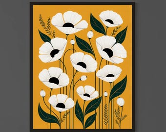 Elegant White Floral Wall Art with Golden Background, Modern Botanical Illustration ( Digital Download )