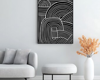 May include: Black and white abstract art print with a geometric design. The artwork features curved lines and shapes, creating a modern and minimalist aesthetic. The print is framed and displayed on a white wall, adding a touch of contemporary style to the room.