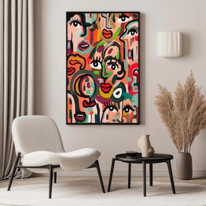 May include: Abstract art print featuring a collection of stylized faces in vibrant colors. The artwork, framed in black, showcases bold lines and a mix of red, green, orange, and white hues. The faces have exaggerated features, creating a modern and expressive aesthetic.